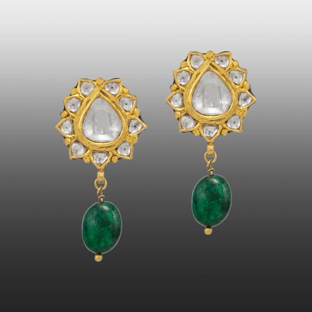 Lotus-Bud Inspired Polki Earrings with Emerald Drops